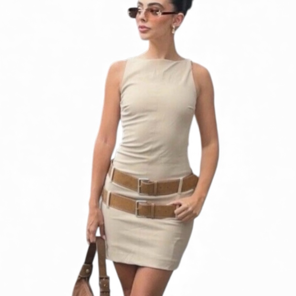 🤎 Zara Double Belted Mini Dress Bodycon Camel Small